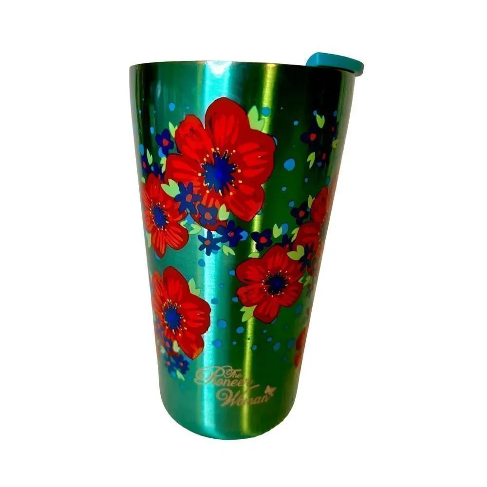 Pioneer Woman Teal W/Red Flowers Stainless Steel Travel Mug With Lid 20 Oz